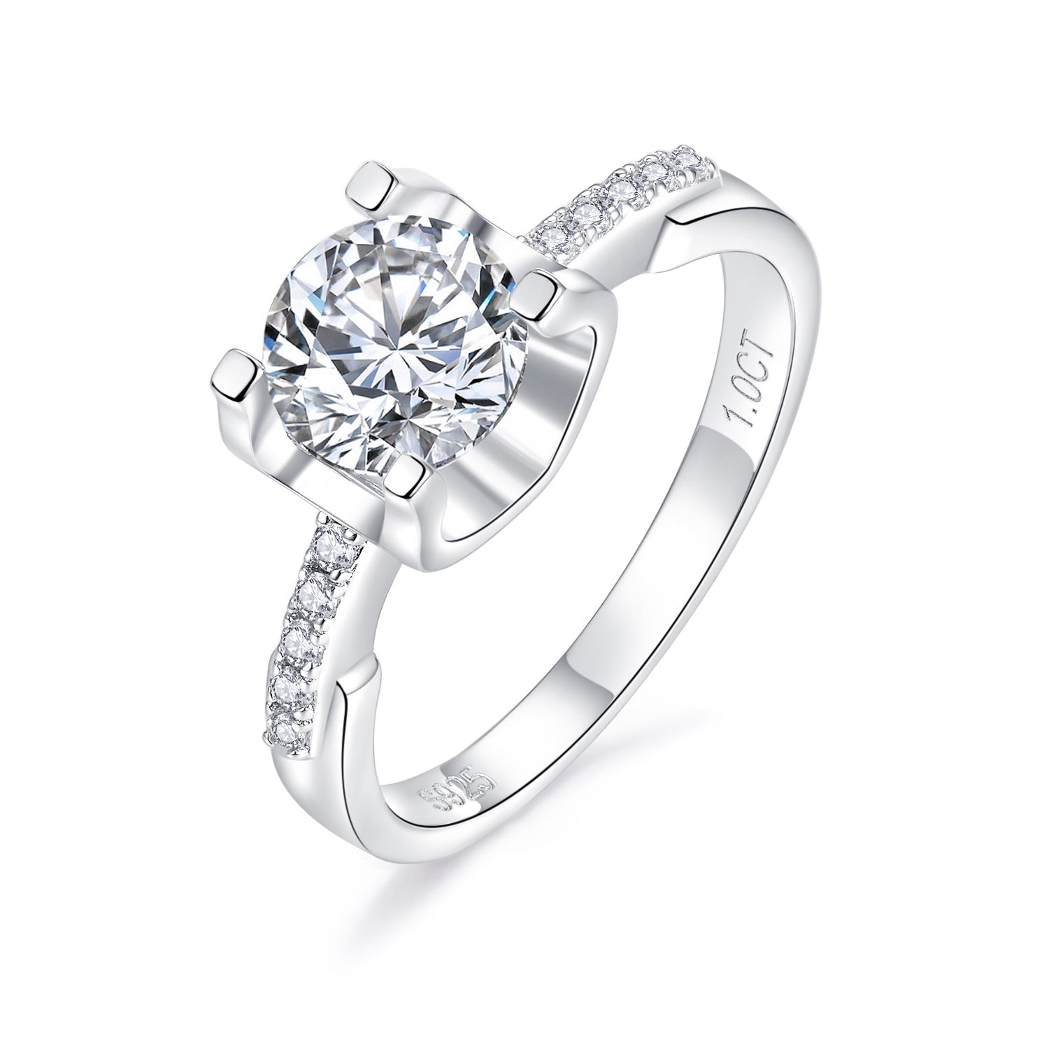 No.2 RM1002 0.5/1.0/2.0/3.0 CTW Signature Brilliant Round Cut 6A Moissanite 18K S925 Band Ring V shape 4 tab Prong High Profile with Side stones Accent