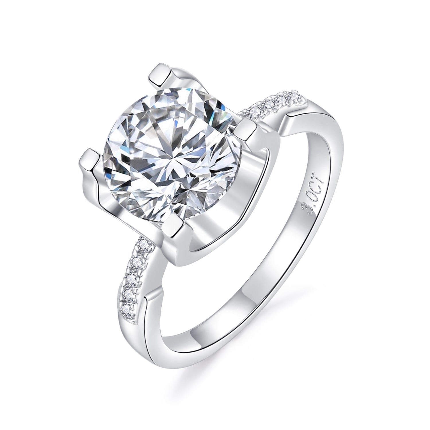 No.2 RM1002 0.5/1.0/2.0/3.0 CTW Signature Brilliant Round Cut 6A Moissanite 18K S925 Band Ring V shape 4 tab Prong High Profile with Side stones Accent